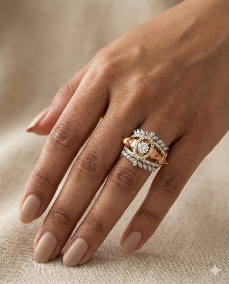 The Royal Peach Cabochon & Diamond Shield Ring