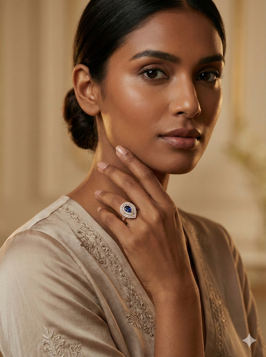 The Royal Blue Sapphire Pear Double Halo Ring