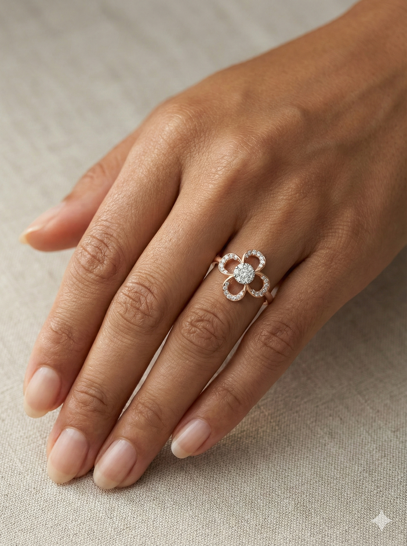 The Satin Petal Diamond Flower Ring in Rose Gold