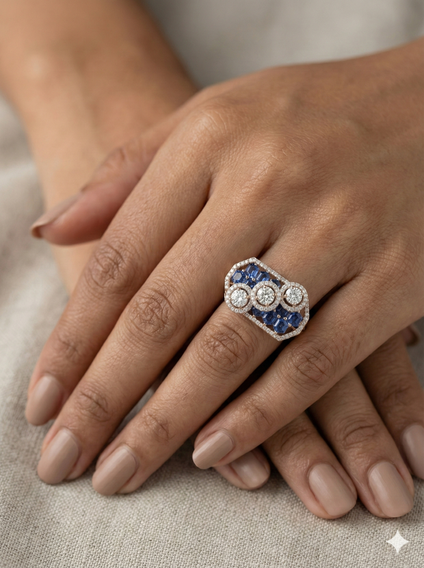 The Geometric Sapphire Honeycomb Ring in Rose Gold