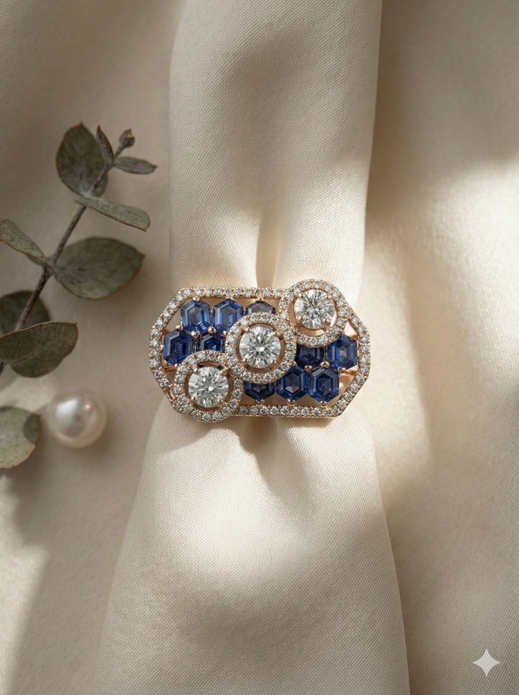 The Geometric Sapphire Honeycomb Ring in Rose Gold