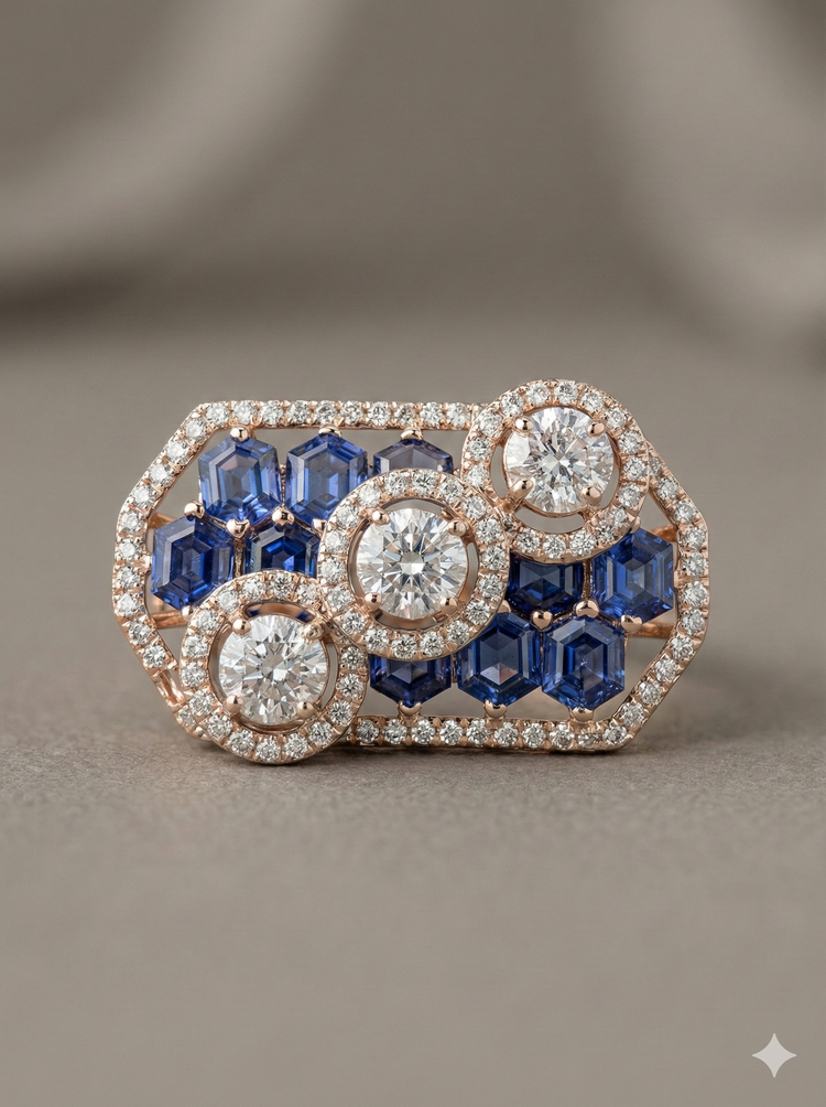 The Geometric Sapphire Honeycomb Ring in Rose Gold