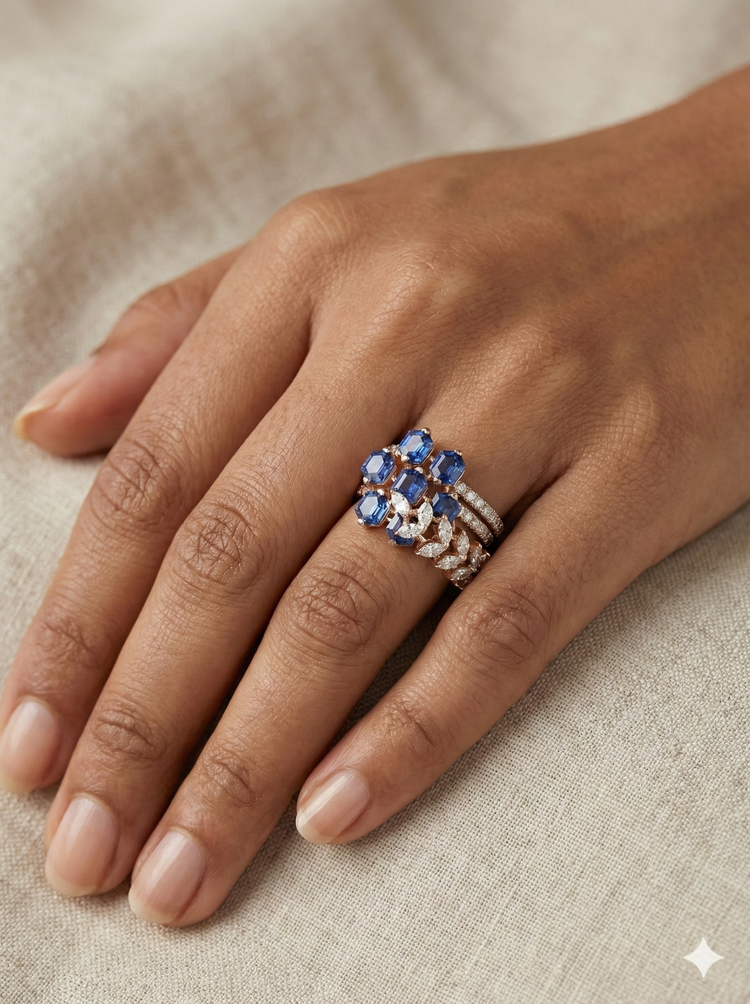 The Geometric Sapphire & Diamond Stack Ring in Rose Gold