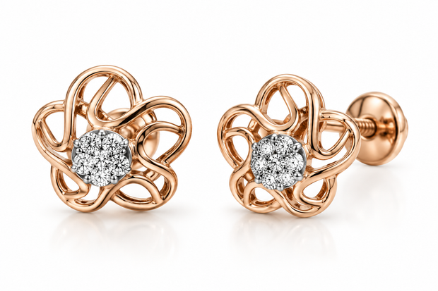 Diamond-Embellished Gold Geometric Stud Earrings for Women in 14KT Gold